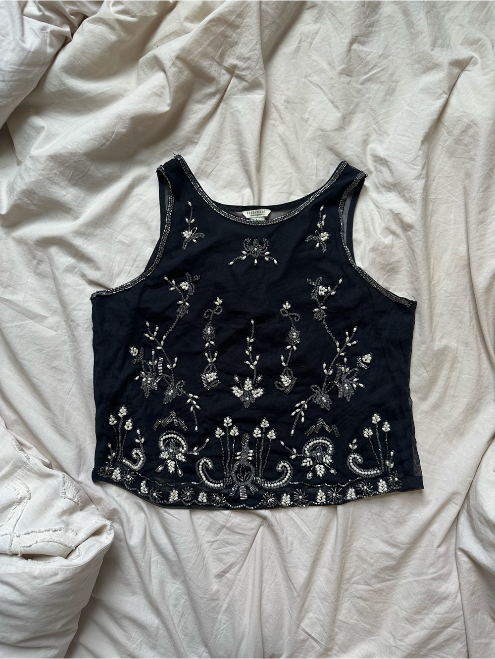 Forever 21 Black Beaded Embellished Crop Tank